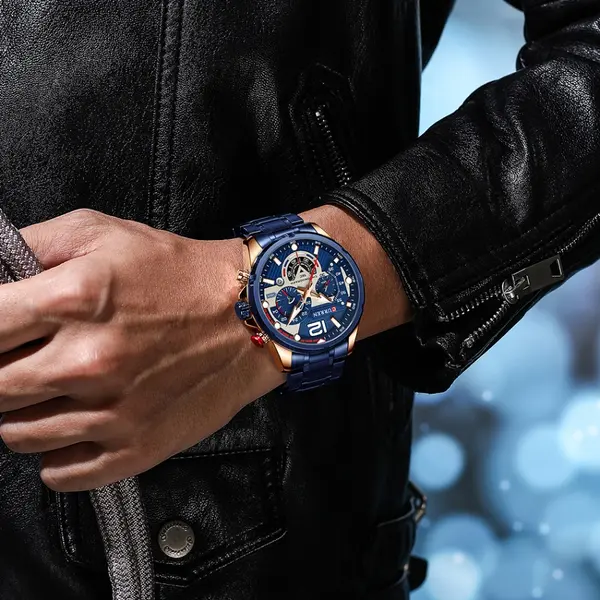 Curren 8402 Luxury Stainless Steel & Chronograph Men's Watch – Dial Color: Blue, Strap Color: Blue – View 4