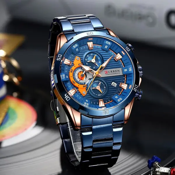 Curren 8402 Luxury Stainless Steel & Chronograph Men's Watch – Dial Color: Blue, Strap Color: Blue – View 3