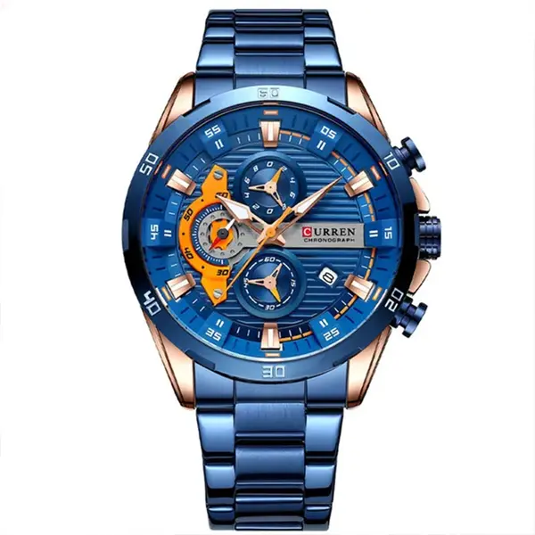 Curren 8402 Luxury Stainless Steel & Chronograph Men's Watch – Dial Color: Blue, Strap Color: Blue – View 1