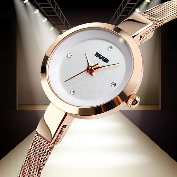 SKMEI 1390 Elegant Quartz Stainless Steel Luxury Women's Watch – Dial Color: White, Strap Color:  Brown  – View 2