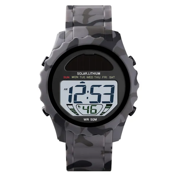 SKMEI 1585 Digital Waterproof Solar Power Digital Men's Watch – Dial Color: Grey, Strap Color: Grey – View 1