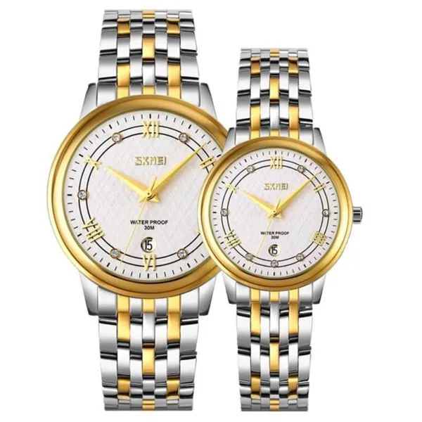 SKMEI 9272 Stainless Steel Buckle Strap Waterproof Quartz Unisex Watch – Dial Color: Gold, Strap Color: Silver – View 1