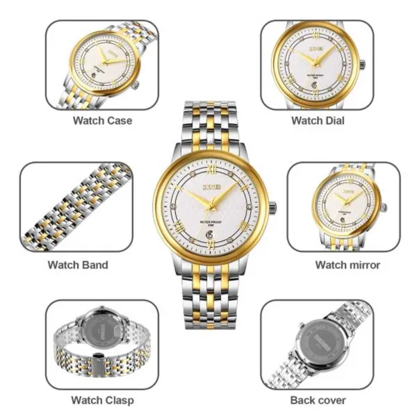 SKMEI 9272 Stainless Steel Buckle Strap Waterproof Quartz Unisex Watch – Dial Color: Gold, Strap Color: Silver – View 3