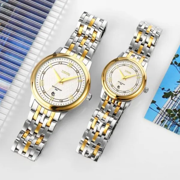 SKMEI 9272 Stainless Steel Buckle Strap Waterproof Quartz Unisex Watch – Dial Color: Gold, Strap Color: Silver – View 4