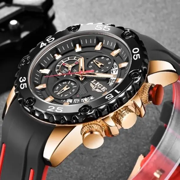 LIGE 10027 Premium PU Leather Analog Sporty Men's Watch – Dial Color: Rose, Strap Color: Black – View 3