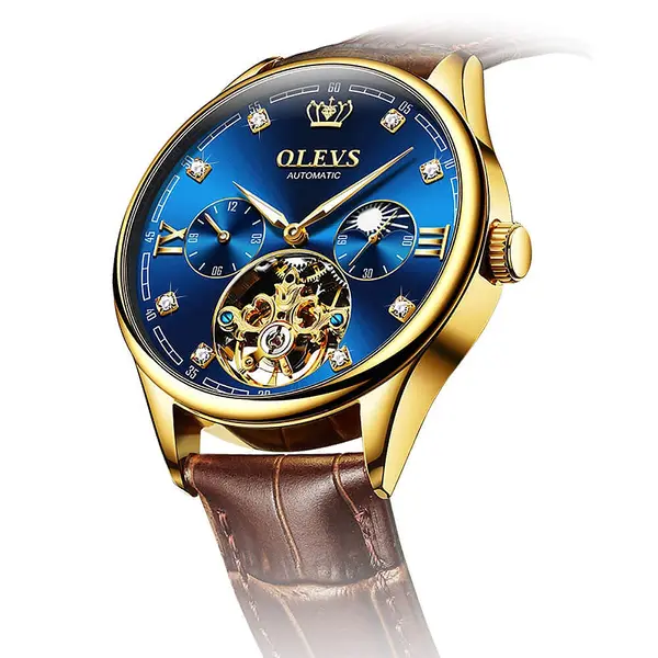OLEVS 3601 Business Tourbillon Hollow Skeleton Waterproof Luminous Men's Watch – Dial Color: Blue, Strap Color:  Brown  – View 4