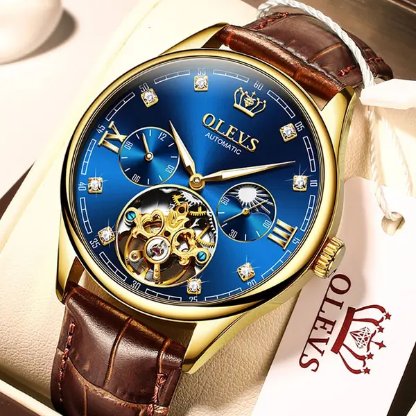 OLEVS 3601 Business Tourbillon Hollow Skeleton Waterproof Luminous Men's Watch – Dial Color: Blue, Strap Color:  Brown  – View 2