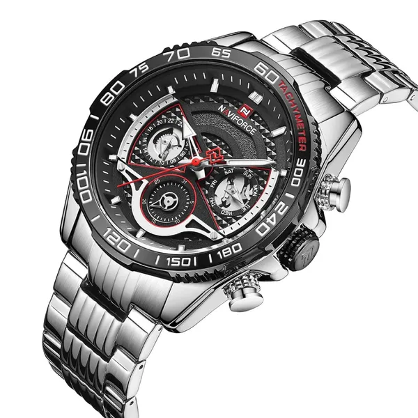 NAVIFORCE NF9185 Stainless Steel Chronograph Men's Watch – Dial Color: Black, Strap Color: Silver – View 2