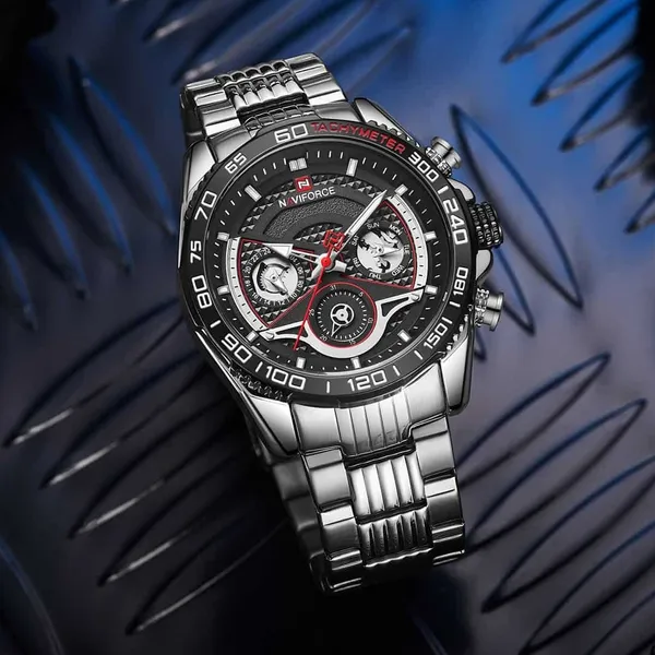 NAVIFORCE NF9185 Stainless Steel Chronograph Men's Watch – Dial Color: Black, Strap Color: Silver – View 3