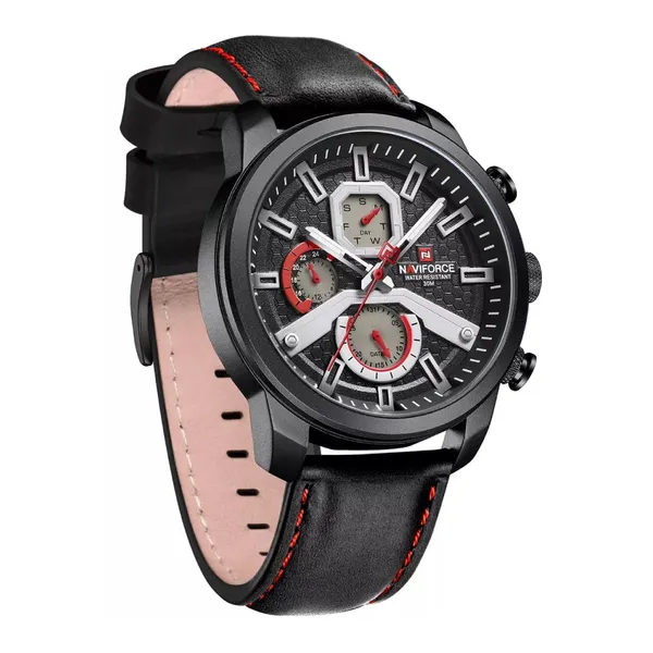 NaviForce NF9211L Chronograph Leather Strap Luminous Men's Watch – Dial Color: Black, Strap Color: Black – View 3