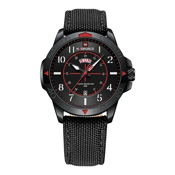 NAVIFORCE NF9204N Nylon Strap Waterproof Quartz Men’s Sport Watch – Dial Color: Black, Strap Color: Black – View 1