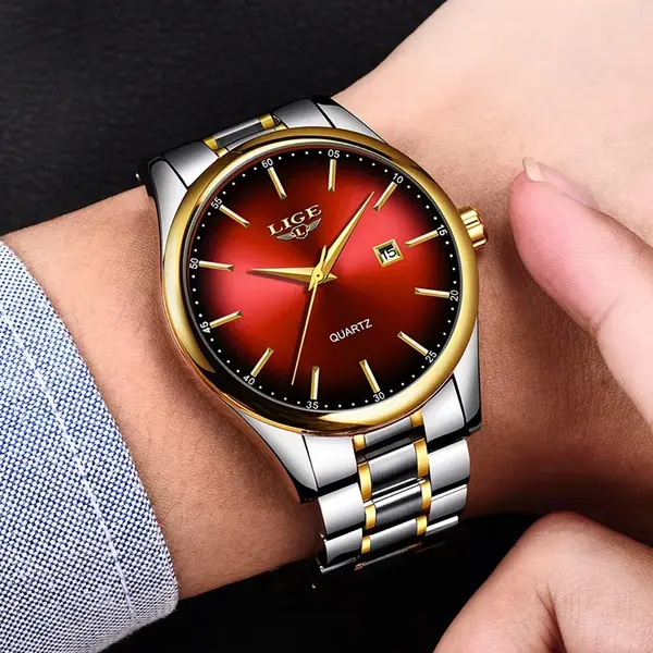LIGE 9937 Analog Stainless Steel Calendar Luxury Men's Watch – Dial Color: Red, Strap Color: Silver – View 2