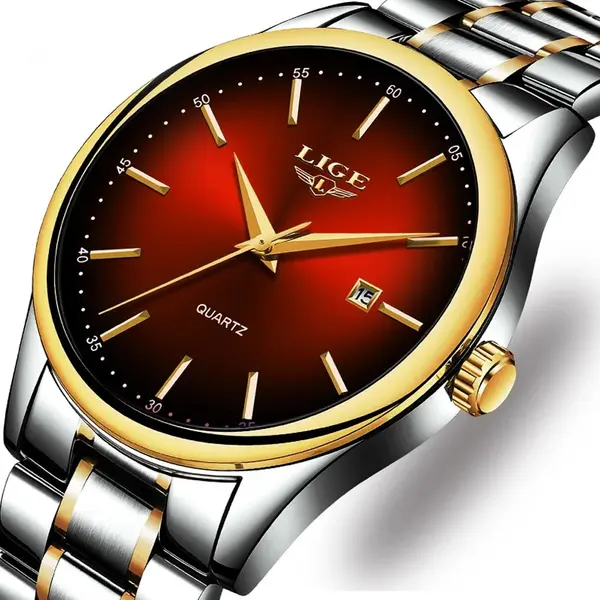 LIGE 9937 Analog Stainless Steel Calendar Luxury Men's Watch – Dial Color: Red, Strap Color: Silver – View 4