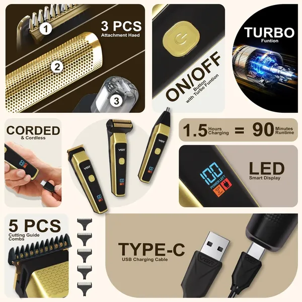 VGR V-366 LED Display 3-in-1 Professional Men’s Grooming Kit Trimmer – View 5