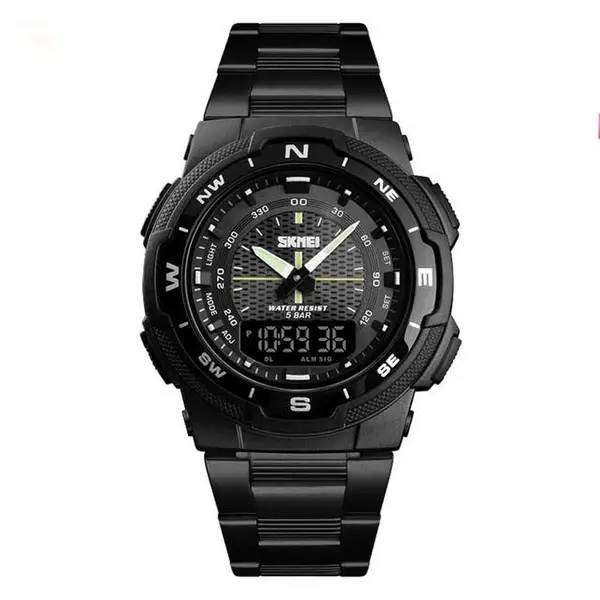 SKMEI 1370 Dual Time Premium Stainless Steel Sporty Men's Watch – Dial Color: Black, Strap Color: Black – View 1