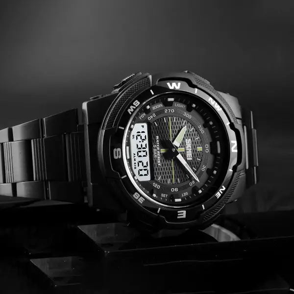 SKMEI 1370 Dual Time Premium Stainless Steel Sporty Men's Watch – Dial Color: Black, Strap Color: Black – View 2