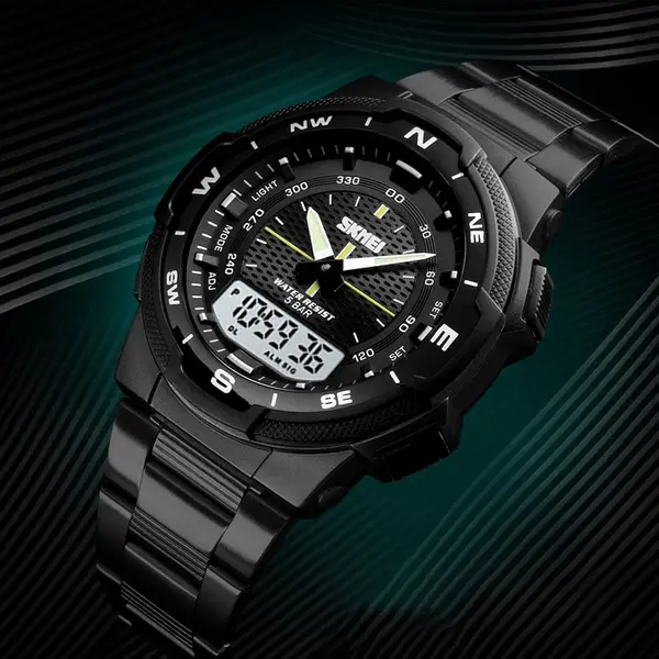 SKMEI 1370 Dual Time Premium Stainless Steel Sporty Men's Watch – Dial Color: Black, Strap Color: Black – View 3