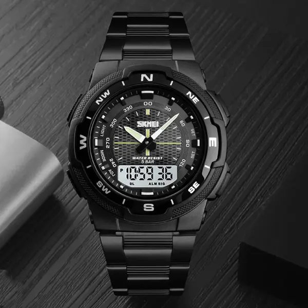 SKMEI 1370 Dual Time Premium Stainless Steel Sporty Men's Watch – Dial Color: Black, Strap Color: Black – View 4