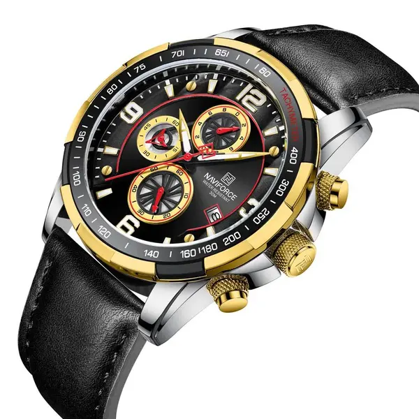 Naviforce NF8020L Luxury Leather Quartz Chronograph Casual Sports Style Men's Watch – Dial Color: Gold, Strap Color: Black – View 3