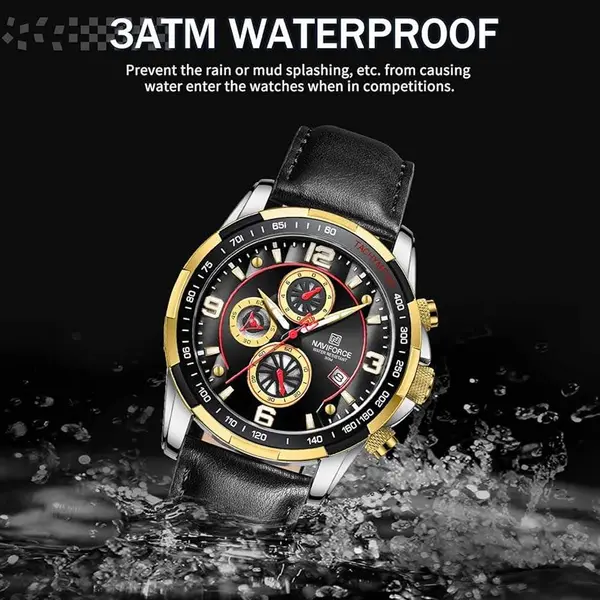 Naviforce NF8020L Luxury Leather Quartz Chronograph Casual Sports Style Men's Watch – Dial Color: Gold, Strap Color: Black – View 4