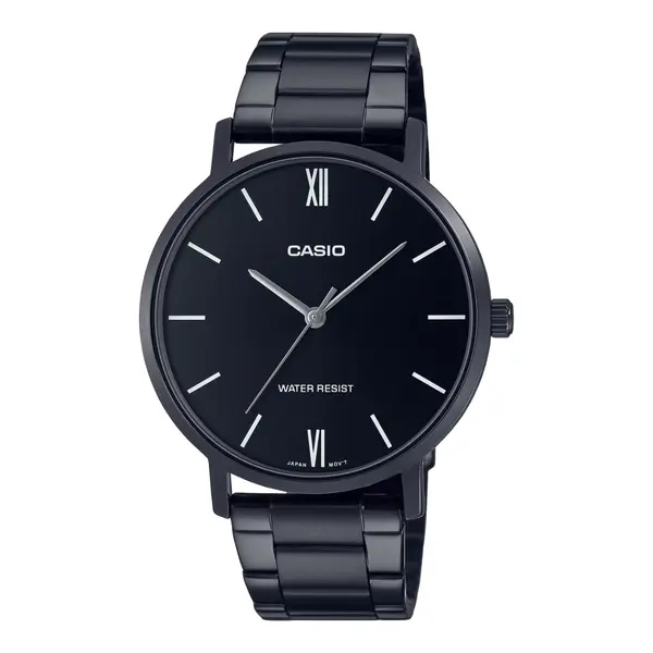 Casio MTP-VT01D-2BUDF Enticer Men's Analog Stainless Steel Chain Wristwatch – Dial Color: Black, Strap Color: Black – View 1