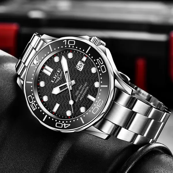 LIGE 8936 Analog Stainless Steel Waterproof Luxury Men's Watch – Dial Color: Black, Strap Color: Silver – View 3