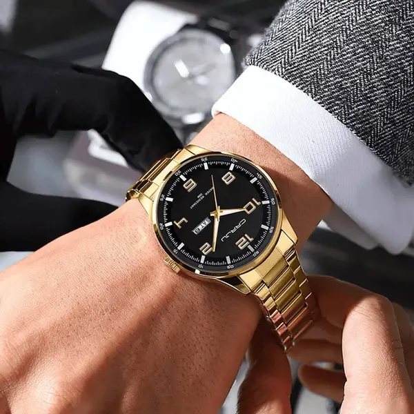 CRRJU 5005 Classic Stainless Steel Multifunctional Analog Quartz Fashion Men's Watch – Dial Color: Black, Strap Color: Gold  – View 2