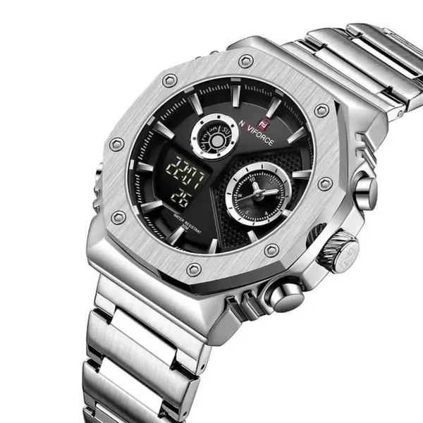 NAVIFORCE NF9216S Dual Time Display Analog Quartz Man's Watch – Dial Color: Black, Strap Color: Silver – View 2