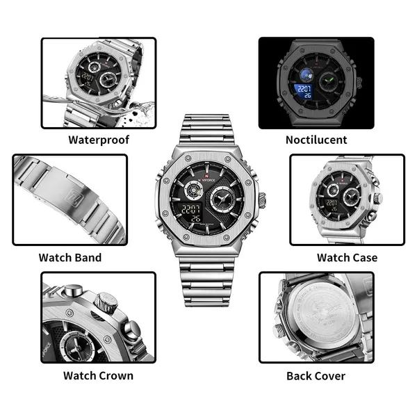 NAVIFORCE NF9216S Dual Time Display Analog Quartz Man's Watch – Dial Color: Black, Strap Color: Silver – View 3