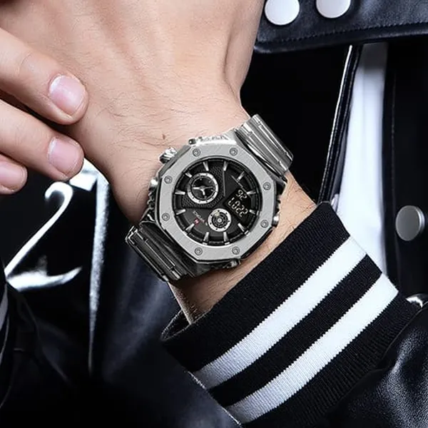 NAVIFORCE NF9216S Dual Time Display Analog Quartz Man's Watch – Dial Color: Black, Strap Color: Silver – View 5
