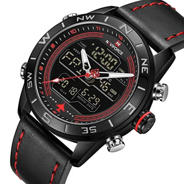 Naviforce NF9144 Luxurious Leather Waterproof Quartz Men's Watch – Dial Color: Red, Strap Color: Black – View 2