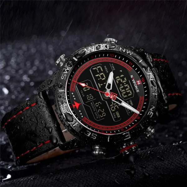 Naviforce NF9144 Luxurious Leather Waterproof Quartz Men's Watch – Dial Color: Red, Strap Color: Black – View 4