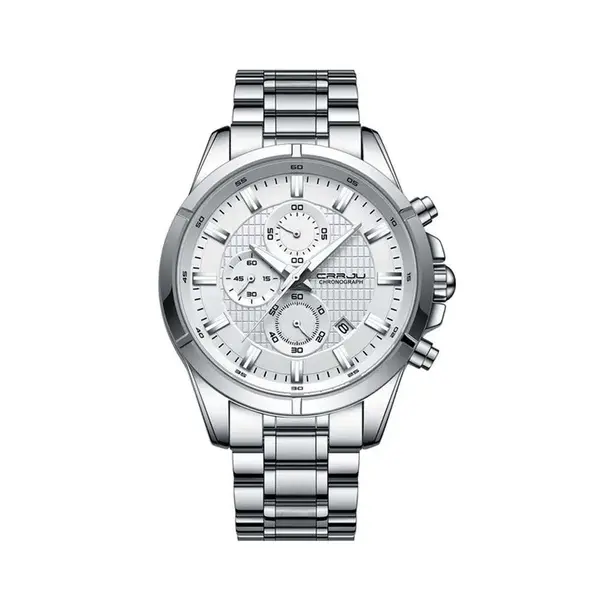 CRRJU 2308 Luxury Redefined Stainless Steel Analog Quartz Men's Watch – Dial Color: Silver, Strap Color: White – View 1