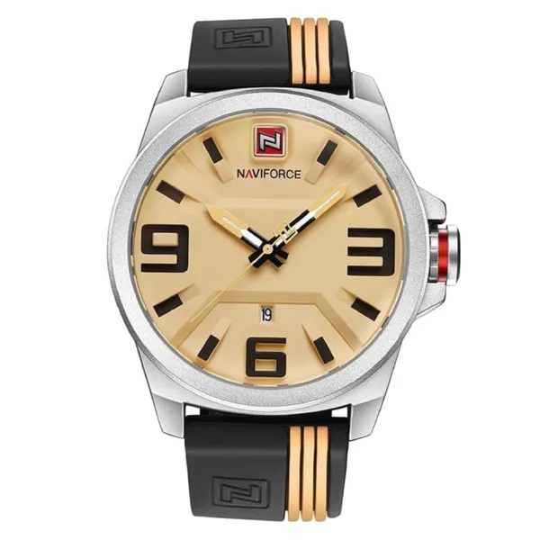 NAVIFORCE 9098 Quartz Sport Waterproof Silicone Men's Watch – Dial Color: Gold, Strap Color: Black – View 1