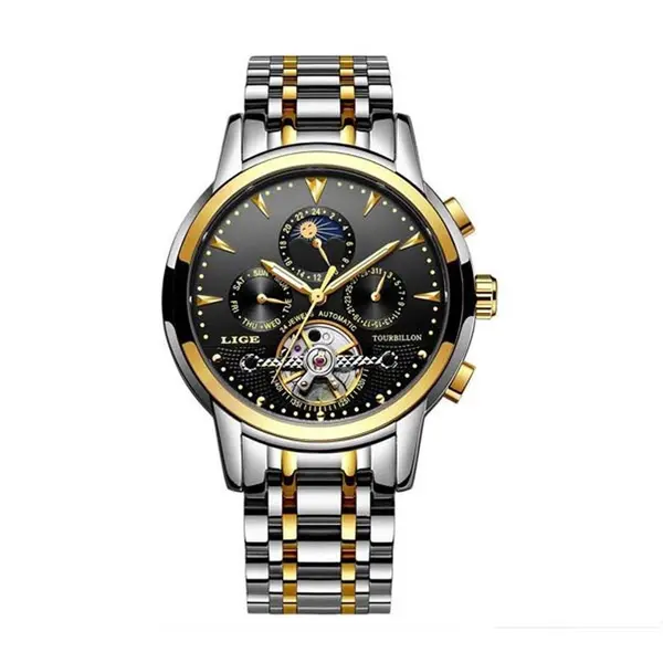 LIGE 9878 Premium Mechanical Stainless Steel Casual Men's Watch – Dial Color: Black, Strap Color: Gold – View 1