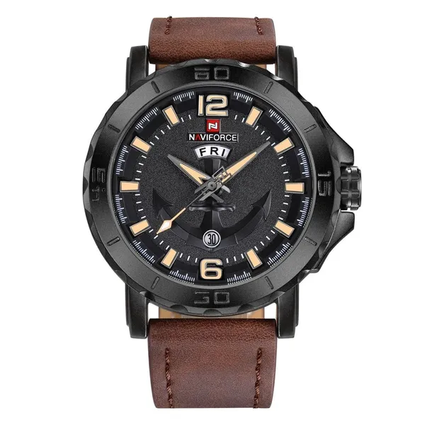 NAVIFORCE NF9122 Classic Japan Movement Waterproof Casual Men's Watch – Dial Color: Black, Strap Color: Brown – View 1