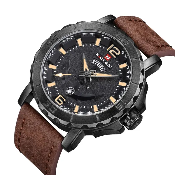 NAVIFORCE NF9122 Classic Japan Movement Waterproof Casual Men's Watch – Dial Color: Black, Strap Color: Brown – View 2