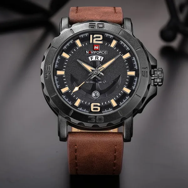 NAVIFORCE NF9122 Classic Japan Movement Waterproof Casual Men's Watch – Dial Color: Black, Strap Color: Brown – View 3