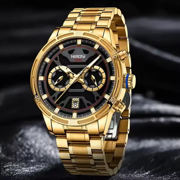 Nibosi 2537 Analogue Stainless Steel & Waterproof Men’s Watch – Dial Color: Black, Strap Color: Gold  – View 3