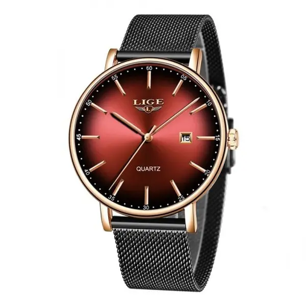 LIGE 9934 Analog Stainless Steel Mesh Belt Luxury Women's Watch – Dial Color: Red, Strap Color: Black – View 1