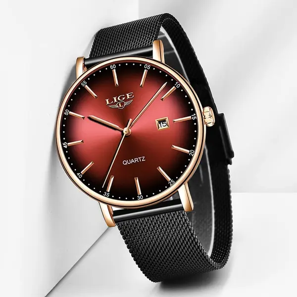 LIGE 9934 Analog Stainless Steel Mesh Belt Luxury Women's Watch – Dial Color: Red, Strap Color: Black – View 2