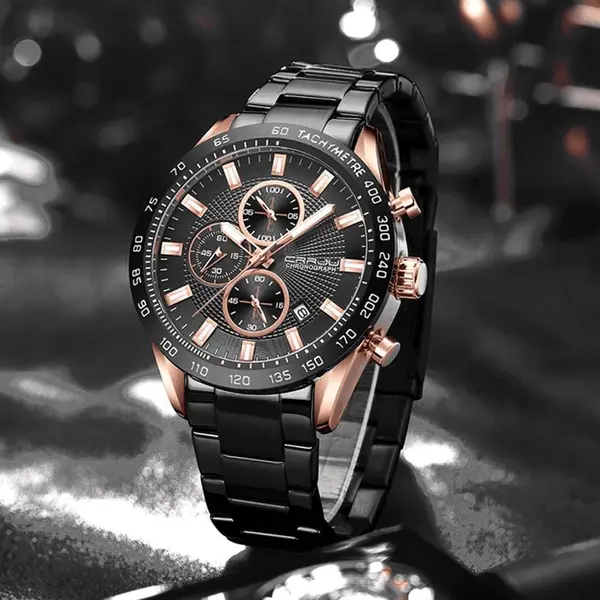 CRRJU 2306 High Quality Stainless Steel Multifunctional Quartz Classic Men's Watch – Dial Color: Rose Gold, Strap Color: Black – View 5