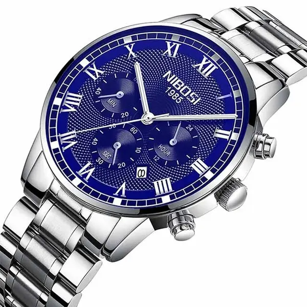 Nibosi 2339 Luxury Stainless Steel Casual Fashion Men's Watch – Dial Color: Blue, Strap Color: Silver – View 2
