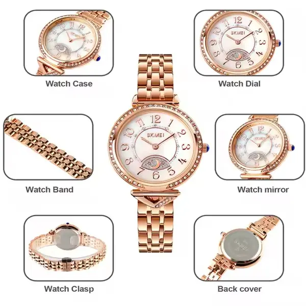SKMEI 1658 Star Moon Dial Design Ladies Wristwatch – Dial Color: White, Strap Color:  Brown  – View 4