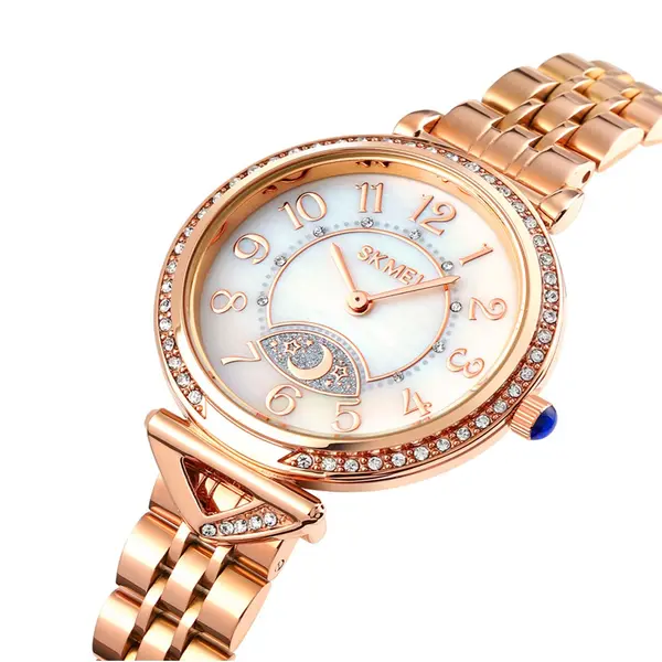 SKMEI 1658 Star Moon Dial Design Ladies Wristwatch – Dial Color: White, Strap Color:  Brown  – View 2