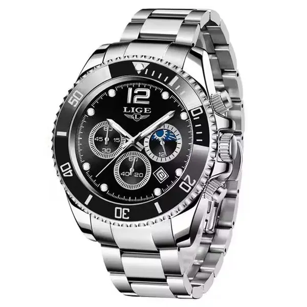 LIGE 8924 Analog Moon Phase High Quality Stainless Steel Men's Watch – Dial Color: Black, Strap Color: Silver – View 1