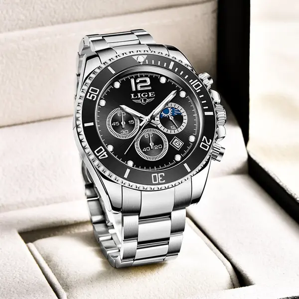 LIGE 8924 Analog Moon Phase High Quality Stainless Steel Men's Watch – Dial Color: Black, Strap Color: Silver – View 2