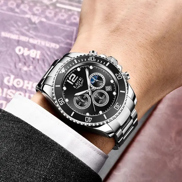 LIGE 8924 Analog Moon Phase High Quality Stainless Steel Men's Watch – Dial Color: Black, Strap Color: Silver – View 3