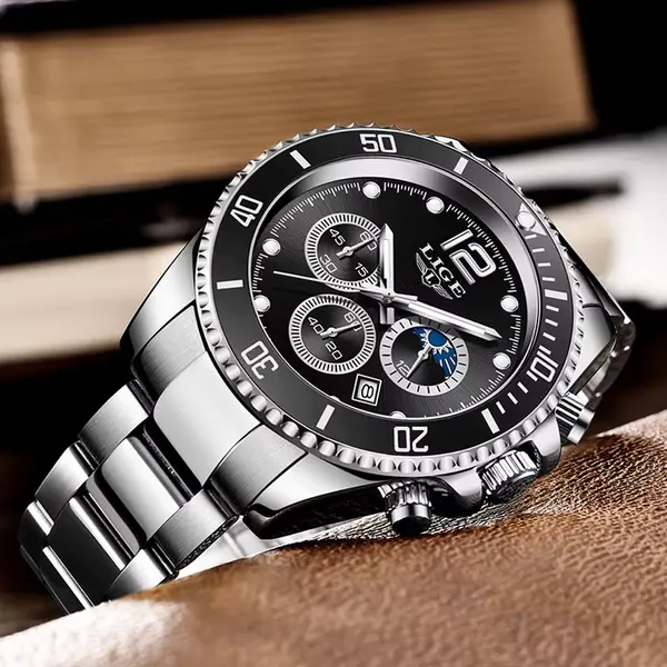 LIGE 8924 Analog Moon Phase High Quality Stainless Steel Men's Watch – Dial Color: Black, Strap Color: Silver – View 4