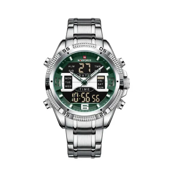 Naviforce NF9201 High Quality Stainless Steel Dual Movement Sport Fashion Men's Watch – Dial Color: Green, Strap Color: Silver – View 1